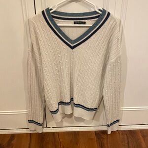 Cozy V-Neck Cable Knit Sweater - Cream and Blue